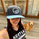 Lt. Blue Elevation Addict Hat; Are you an elevation addict?  This hat is for you, line art telluride hat, line art colorado flowers, colorado rockies hat, mountain hat, colorado hat, mountain trucker hat, colorado trucker hat, line art trucker hat