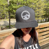 Black Elevation Addict Hat; Are you an elevation addict?  This hat is for you, line art telluride hat, line art colorado flowers, colorado rockies hat, mountain hat, colorado hat, mountain trucker hat, colorado trucker hat, line art trucker hat