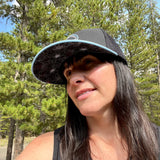 Lt. Blue Elevation Addict Hat; Are you an elevation addict?  This hat is for you, line art telluride hat, line art colorado flowers, colorado rockies hat, mountain hat, colorado hat, mountain trucker hat, colorado trucker hat, line art trucker hat