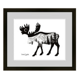 Moose with mountain range and crescent moon. Moose artwork, crescent moon drawing, mountains drawing, stars drawing, evergreen trees drawing, colorado artist, colorado art, colorado artwork, dotwork art, moose silhouette art