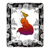 Foxy Lady with Pinecone border Fleece blanket; fox blanket, pinecone blanket, black and white floral blanket, black and white hand drawn floral blanket, black and white pinecone blanket, henna blanket, paisley blanket