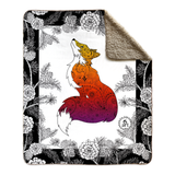 Foxy Lady with Pinecone border Fleece blanket; fox blanket, pinecone blanket, black and white floral blanket, black and white hand drawn floral blanket, black and white pinecone blanket, henna blanket, paisley blanket
