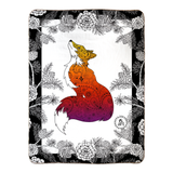 Foxy Lady with Pinecone border Fleece blanket; fox blanket, pinecone blanket, black and white floral blanket, black and white hand drawn floral blanket, black and white pinecone blanket, henna blanket, paisley blanket