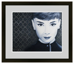 Audrey Hepburn wall art, Audrey Hepburn painting, monochromatic portrait, Audrey Hepburn artwork, classic Hollywood art, elegant black and white art, Funny Face inspired art, vintage celebrity painting, metallic background art, iconic actress wall decor, timeless beauty portrait, Audrey Hepburn illustration, glamorous wall art, retro film star art, old Hollywood decor
