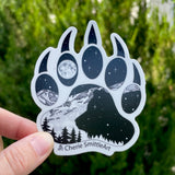 Bear Paw with a full moon and mountain range.  bear paw sticker, bear paw silhouette sticker, bear sticker, bear paw decal, bear paw laptop sticker, bear paw computer sticker, bear paw bumper sticker, mountain bear paw sticker, full moon bear paw sticker, stars bear paw sticker, bear silhouette inside bear paw sticker