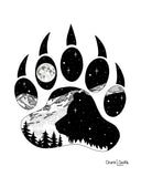 Bear Paw with a full moon and mountain range.  bear paw drawing, bear paw silhouette drawing, bear drawing, mountain bear paw drawing, full moon bear paw drawing, stars bear paw drawing, bear silhouette inside bear paw drawing, bear paw illustration, bear paw silhouette illustration, bear illustration, bear paw illustration, mountain bear paw illustration, full moon bear paw illustration, stars bear paw illustration, bear silhouette inside bear paw illustration, bear paw artwork, bear paw silhouette artwork