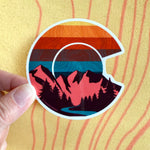 colorado flag sticker, colorado flag decal, mt. evans sticker, mount evans sticker,  contour lines sticker, colorado mountains decal, colorado mountains sticker, idaho springs colorado decal, idaho springs colorado sticker, mountain decal, mountain sticker, mountain and river decal, mountain and river sticker, mountain illustration, colorful mountain drawing, colorado sticker, colorado decal