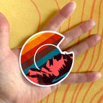 colorado flag sticker, colorado flag decal, mt. evans sticker, mount evans sticker,  contour lines sticker, colorado mountains decal, colorado mountains sticker, idaho springs colorado decal, idaho springs colorado sticker, mountain decal, mountain sticker, mountain and river decal, mountain and river sticker, mountain illustration, colorful mountain drawing, colorado sticker, colorado decal