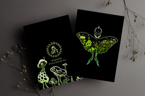 luna moth greeting card, luna moth card, mushroom greeting card, mushroom card, colorado greeting card, colorado card, crescent moon greeting card, crescent moon card