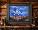 Colorado Sunrise Art Print, Whimsical Needle Mountains Wall Art, Colorado mountain range artwork, Rocky Mountain sunrise print, Columbine flower painting, whimsical sports painting, limited edition mountain art, skiing illustration wall art, outdoor adventure art print, mountain biking decor, contemporary Colorado artist, Cherie Smittle art, fine art giclée print, archival mountain wall decor