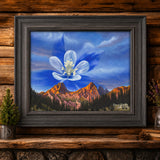 Colorado Sunrise Art Print, Whimsical Needle Mountains Wall Art, Colorado mountain range artwork, Rocky Mountain sunrise print, Columbine flower painting, whimsical sports painting, limited edition mountain art, skiing illustration wall art, outdoor adventure art print, mountain biking decor, contemporary Colorado artist, Cherie Smittle art, fine art giclée print, archival mountain wall decor