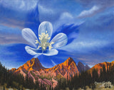 Colorado Sunrise Art Print, Whimsical Needle Mountains Wall Art, Colorado mountain range artwork, Rocky Mountain sunrise print, Columbine flower painting, Weminuche Wilderness art, San Juan National Forest decor, Pigeon and Turret peaks illustration, outdoor adventure art print, contemporary Colorado artist, Cherie Smittle art, fine art giclée print, archival mountain wall decor, vibrant mountain landscape painting