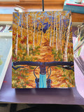 colorado mountain bike art, autumn aspen painting, fall foliage artwork, original acrylic mountain bike art, rockies bicycle painting, hidden detail art, aspen trail artwork, mountain biking painting, colorado landscape art, wood panel painting, aspen mountain bike art, mountain biking in aspen, mountain biking in colorado
