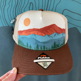 Colorado mountain trucker hat, CO mountain corduroy trucker hat, Colorado mountain hat, Colorado mountain suede leather hat, pinecone hat, pinecone trucker hat, Colorado hat, mountain hat, fall colors hat, embroidered mountain hat, corduroy trucker hat, custom pinecone hat, wearable art hat, Colorado peak headwear, Mt Elbert trucker hat, Longs Peak hat, topography snapback, adventure trucker hat, premium slate corduroy hat, Pukka custom hats, outdoor lifestyle cap, unique mountain apparel