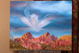 Colorado Sunrise Art Print, Whimsical Needle Mountains Wall Art, Colorado mountain range artwork, Rocky Mountain sunrise print, Columbine flower painting, Weminuche Wilderness art, San Juan National Forest decor, Pigeon and Turret peaks illustration, outdoor adventure art print, contemporary Colorado artist, Cherie Smittle art, fine art giclée print, archival mountain wall decor, vibrant mountain landscape painting