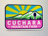 Cuchara Mountain Park sticker, Colorado ski area decal, waterproof vinyl sticker, dishwasher safe decal, water bottle sticker, Cuchara Colorado souvenir, mountain sunburst sticker, Colorado hiking gift, Southern Colorado merch, Spanish Peaks Colorado, hidden spoon design, 10810 elevation mountain, outdoor adventure sticker, laptop decal, retro Colorado mountain art, durable car bumper sticker, Colorado ski resort souvenir, Cuchara Mountain Park merch