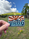 Cuchara Mountain Park sticker, Colorado ski area decal, waterproof vinyl sticker, dishwasher safe decal, water bottle sticker, Cuchara Colorado souvenir, mountain sunburst sticker, Colorado hiking gift, Southern Colorado merch, Spanish Peaks Colorado, hidden spoon design, 10810 elevation mountain, outdoor adventure sticker, laptop decal, retro Colorado mountain art, durable car bumper sticker, Colorado ski resort souvenir, Cuchara Mountain Park merch