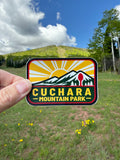 Cuchara Mountain Park sticker, Colorado ski area decal, waterproof vinyl sticker, dishwasher safe decal, water bottle sticker, Cuchara Colorado souvenir, mountain sunburst sticker, Colorado hiking gift, Southern Colorado merch, Spanish Peaks Colorado, hidden spoon design, 10810 elevation mountain, outdoor adventure sticker, laptop decal, retro Colorado mountain art, durable car bumper sticker, Colorado ski resort souvenir, Cuchara Mountain Park merch