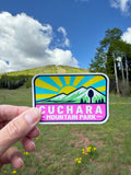 Cuchara Mountain Park sticker, Colorado ski area decal, waterproof vinyl sticker, dishwasher safe decal, water bottle sticker, Cuchara Colorado souvenir, mountain sunburst sticker, Colorado hiking gift, Southern Colorado merch, Spanish Peaks Colorado, hidden spoon design, 10810 elevation mountain, outdoor adventure sticker, laptop decal, retro Colorado mountain art, durable car bumper sticker, Colorado ski resort souvenir, Cuchara Mountain Park merch