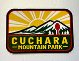 Cuchara Mountain Park sticker, Colorado ski area decal, waterproof vinyl sticker, dishwasher safe decal, water bottle sticker, Cuchara Colorado souvenir, mountain sunburst sticker, Colorado hiking gift, Southern Colorado merch, Spanish Peaks Colorado, hidden spoon design, 10810 elevation mountain, outdoor adventure sticker, laptop decal, retro Colorado mountain art, durable car bumper sticker, Colorado ski resort souvenir, Cuchara Mountain Park merch