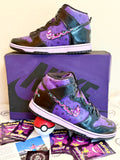 Custom Pokémon Louis Vuitton Nike Dunks, Hand painted Gengar Nike Dunk High, Airbrushed Pokémon custom sneakers, Gengar evolution custom shoes, Louis Vuitton Pokémon mashup dunks, Purple and black custom Nike Dunks, Gengar Gastly Haunter custom Dunks, Custom Gengar high top sneakers