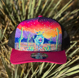 Colorful desert party themed hat, javelina jundred, custom javelina artwork, saguaro cactus art, Arizona desert artwork, prickly pear cactus art, desert art, custom hat