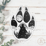 Wolf paw with mountains and full moon. Wolf sticker, wolf paw sticker, wolf paw silhouette sticker, wolf silhouette sticker, paw sticker, wolf howling at full moon sticker, colorado wolf sticker, colorado sticker, mount eva sticker, mountain sticker, colorado mountain sticker, full moon sticker, dog sticker, dog paw print sticker
