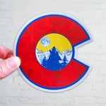 Colorado Flag sticker, CO flag sticker, full moon sticker, colorado sticker, wolf sticker, wolf silhouette sticker, mountain sticker, colorado mountain sticker, constellation sticker, fractal sticker 