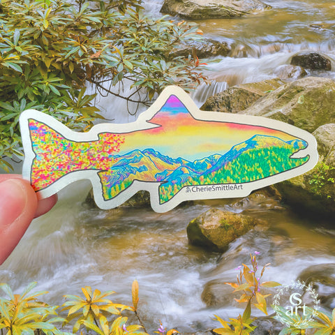 Rainbow Trout Sticker, trout sticker, fish sticker, mountain sticker, fall color sticker, fall sticker, colorado mountain sticker, longs peak sticker, half mountain sticker, glacier gorge sticker, bear lake sticker, estes park sticker, Rainbow Trout decal, trout decal, fish decal, mountain decal, fall color decal, fall decal, colorado mountain decal, longs peak decal, half mountain decal, glacier gorge decal, bear lake decal, estes park decal
