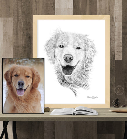 Enzo; golden retriever pet portrait, custom art, custom artwork, pet portrait, original artwork, custom pet portrait, original pet portrait