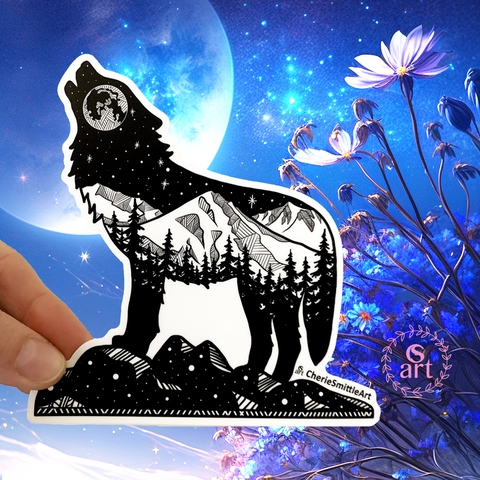 Eva night wolf sticker : wolf sticker, mountain wolf silhouette sticker, wolf howling sticker, full moon sticker, mountain sticker, forest sticker, celestial sticker, howling wolf sticker, lone wolf sticker, nature sticker, dog sticker