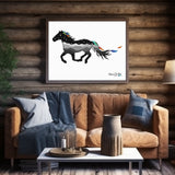 Salida Colorado art, wild horse, horse running, horse silhouette, horse running silhouette, mountains of Colorado, Indian feathers, watercolor feathers, starry night, constellations, Pegasus constellation, celestial horse, Colorado mountain art, night sky art, Colorado wildlife art, western art print, mythical horse, Pegasus art print, wild horse illustration, horse running illustration, horse art, mountain artwork, Indian feathers art, watercolor feathers, starry night illustration, constellation art