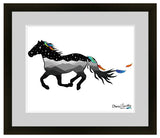 Salida Colorado art, wild horse, horse running, horse silhouette, horse running silhouette, mountains of Colorado, Indian feathers, watercolor feathers, starry night, constellations, Pegasus constellation, celestial horse, Colorado mountain art, night sky art, Colorado wildlife art, western art print, mythical horse, Pegasus art print, wild horse illustration, horse running illustration, horse art, mountain artwork, Indian feathers art, watercolor feathers, starry night illustration, constellation art