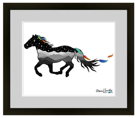 Salida Colorado art, wild horse, horse running, horse silhouette, horse running silhouette, mountains of Colorado, Indian feathers, watercolor feathers, starry night, constellations, Pegasus constellation, celestial horse, Colorado mountain art, night sky art, Colorado wildlife art, western art print, mythical horse, Pegasus art print, wild horse illustration, horse running illustration, horse art, mountain artwork, Indian feathers art, watercolor feathers, starry night illustration, constellation art