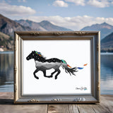 Salida Colorado art, wild horse, horse running, horse silhouette, horse running silhouette, mountains of Colorado, Indian feathers, watercolor feathers, starry night, constellations, Pegasus constellation, celestial horse, Colorado mountain art, night sky art, Colorado wildlife art, western art print, mythical horse, Pegasus art print, wild horse illustration, horse running illustration, horse art, mountain artwork, Indian feathers art, watercolor feathers, starry night illustration, constellation art