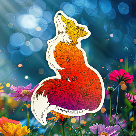 Fox with Henna and Paisley with some Mandelbrot mixed in.  fox silhouette sticker, fox sticker, paisley fox sticker, Mandelbrot sticker, floral fox sticker