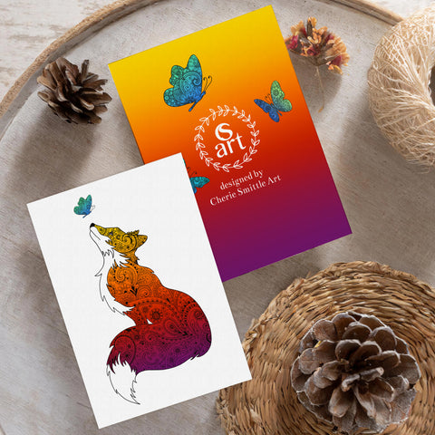 Greeting Card Fox with Henna and Paisley with some Mandelbrot mixed in. colorado artist, colorado art, colorado artwork, butterfly card, fox greeting card, colorado greeting card, mandala greeting card, card with butterflies, card with fox, thank you card, congratulations card, fox silhouette, butterfly silhouette, paisley fox, paisley butterfly