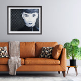 Audrey Hepburn wall art, Audrey Hepburn painting, monochromatic portrait, Audrey Hepburn artwork, classic Hollywood art, elegant black and white art, Funny Face inspired art, vintage celebrity painting, metallic background art, iconic actress wall decor, timeless beauty portrait, Audrey Hepburn illustration, glamorous wall art, retro film star art, old Hollywood decor