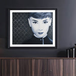 Audrey Hepburn wall art, Audrey Hepburn painting, monochromatic portrait, Audrey Hepburn artwork, classic Hollywood art, elegant black and white art, Funny Face inspired art, vintage celebrity painting, metallic background art, iconic actress wall decor, timeless beauty portrait, Audrey Hepburn illustration, glamorous wall art, retro film star art, old Hollywood decor
