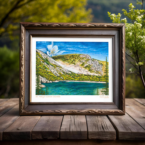St. Mary's Glacier Colorado artwork, hikers artwork, snowshoeing art, backpackers artwork. Columbine drawing, columbine flower painting, idaho springs colorado art, colorado artist, colorado art, colorado artwork, st marys glacier painting, columbine painting, colorado mountain painting