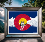 Colorado flag art, wolf art, Loch Lomond hike, Colorado flag illustration, fractal art, stained glass art, Colorado wildlife art, Colorado mountain art, Colorado wolf print, Colorado hiking art, Loch Lomond Colorado art, stained glass inspired art, Colorado nature illustration, mountain and wildlife art, unique Colorado decor, Colorado flag design, modern wolf artwork, geometric Colorado art, mandala and fractal art