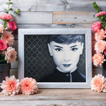 Audrey Hepburn wall art, Audrey Hepburn painting, monochromatic portrait, Audrey Hepburn artwork, classic Hollywood art, elegant black and white art, Funny Face inspired art, vintage celebrity painting, metallic background art, iconic actress wall decor, timeless beauty portrait, Audrey Hepburn illustration, glamorous wall art, retro film star art, old Hollywood decor