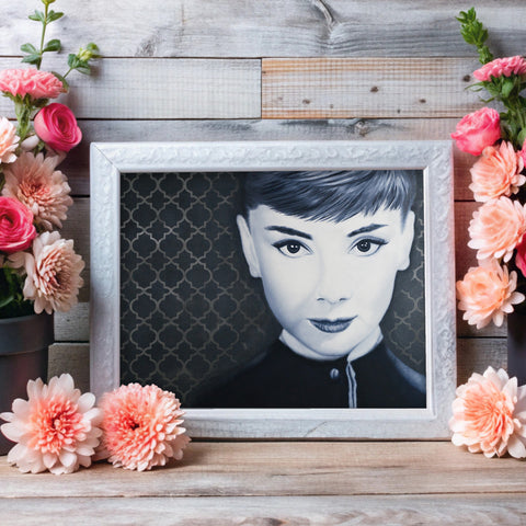 Audrey Hepburn wall art, Audrey Hepburn painting, monochromatic portrait, Audrey Hepburn artwork, classic Hollywood art, elegant black and white art, Funny Face inspired art, vintage celebrity painting, metallic background art, iconic actress wall decor, timeless beauty portrait, Audrey Hepburn illustration, glamorous wall art, retro film star art, old Hollywood decor