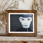 Audrey Hepburn wall art, Audrey Hepburn painting, monochromatic portrait, Audrey Hepburn artwork, classic Hollywood art, elegant black and white art, Funny Face inspired art, vintage celebrity painting, metallic background art, iconic actress wall decor, timeless beauty portrait, Audrey Hepburn illustration, glamorous wall art, retro film star art, old Hollywood decor