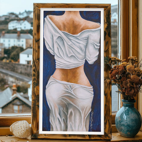 figurative art, female back painting, sensual art print, modern figurative painting, contemporary body art, woman’s back artwork, fine art nude (tasteful), back anatomy art, elegant female form painting, feminine strength artwork, painting of woman in draped fabric, sensual yet classy artwork, figurative art print on fine art paper, romantic gesture art gift, athletic female form painting, body geometry artwork, painting inspired by real women, art inspired by wife and husband story, romantic art for him