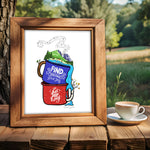 camping mug art, mountain adventure art, SUP paddle board art, moose camping illustration, tent camping illustration, outdoor adventure artwork, hiking and camping artwork, explore nature print, find your joy print, get lost along the way print, wilderness camping artwork, camping print, camper van illustration, national park adventure artwork, kayaking SUP print