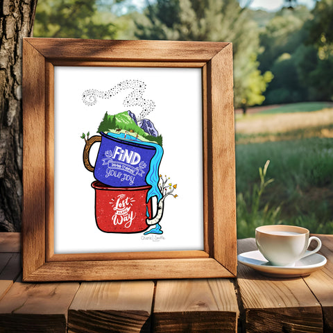 camping mug art, mountain adventure art, SUP paddle board art, moose camping illustration, tent camping illustration, outdoor adventure artwork, hiking and camping artwork, explore nature print, find your joy print, get lost along the way print, wilderness camping artwork, camping print, camper van illustration, national park adventure artwork, kayaking SUP print