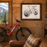 Black and white line art illustration of a mountain bike filled with topographic route lines of Grays and Torreys Peaks, featuring mountain landscapes inside the bike wheels.  Grays and Torreys mountain bike art, Colorado 14er topo line art, mountain bike topographic print, Grays Peak Torreys Peak cycling illustration, Continental Divide mountain biking decor, fine art mountain bike poster, Colorado mountain biking art, 14er topo map artwork, black and white bike print, mountain bike line drawing