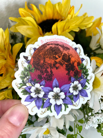 Columbine Blood Moon decal, columbine sticker, full moon decal, blood moon sticker, dotwork moon decal, columbine sticker, butterfly sticker, columbine moon sticker, floral moon decal, floral moon sticker, flower moon sticker, flower moon decal