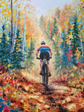 Autumn Sugar, autumn cycling art, mountain bike painting, gravel bike art, Bentonville Arkansas art, Big Sugar bike race, Little Sugar bike race, fall foliage painting, autumn forest artwork, mountain biking wall art, cycling wall decor, colorful autumn landscape, Ozarks fall colors, cyclist painting, outdoor adventure art, original acrylic painting, impressionist autumn art, abstract realism, nature-inspired artwork, fall mountain biking, biking gift for cyclists, cycling enthusiast gift, hidden heart